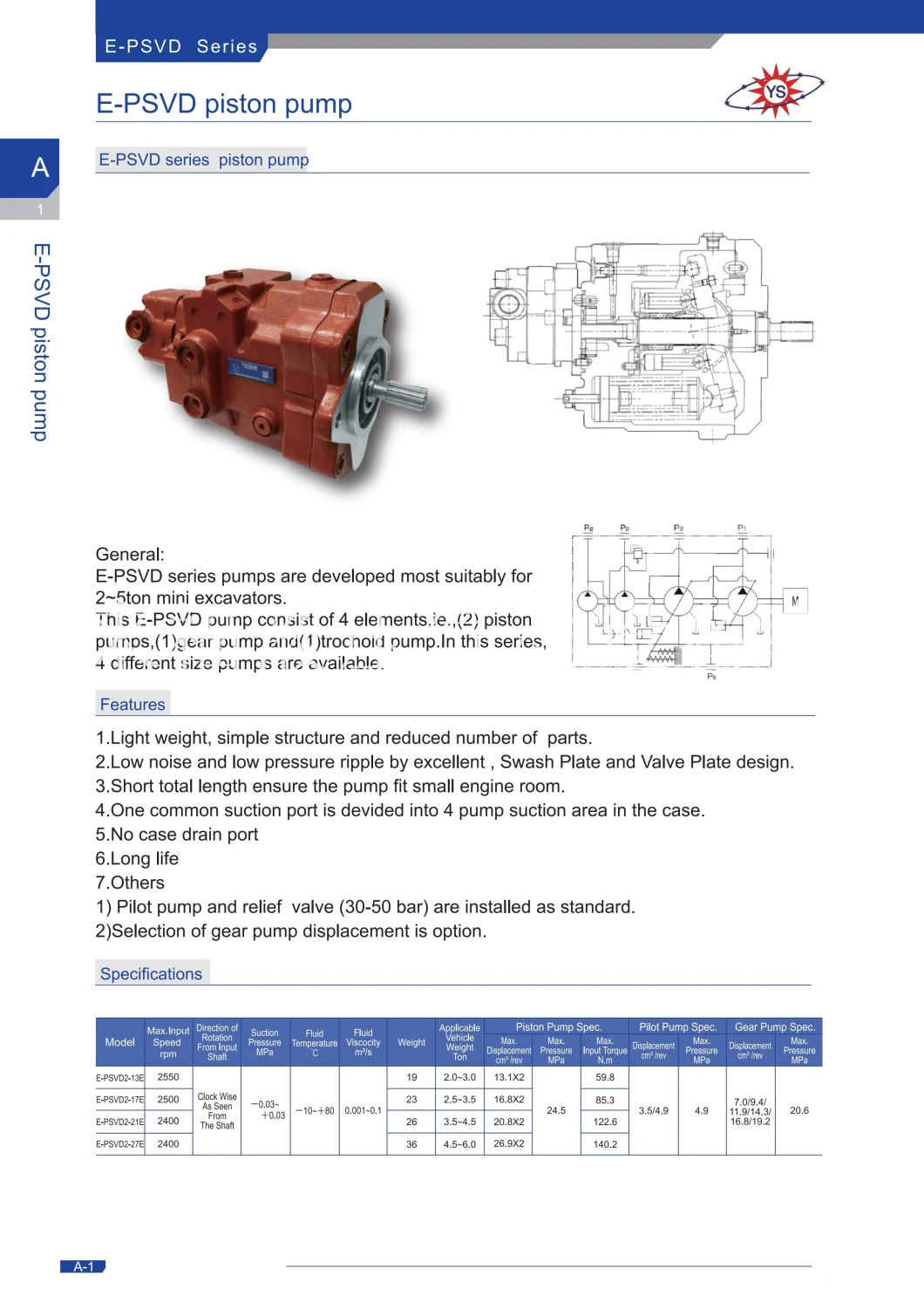 Yeoshe Series Excavator Hydraulic Pump Model: E-Psvd2-27e-21